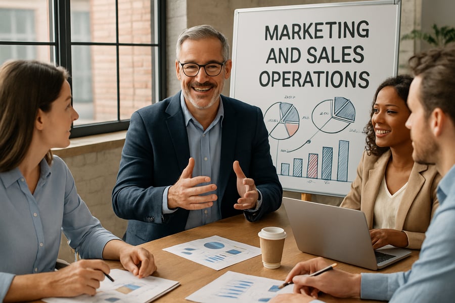 Expert collaborating with a team on marketing and sales operations Expert collaborating with a team on marketing and sales operations